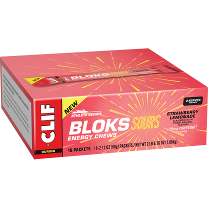 Cardboard retail display box containing 18 sleeves of CLIF Bloks Sour Strawberry Lemonade energy chews.