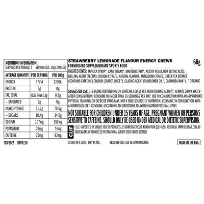 Close-up of the nutritional information and ingredients list on a CLIF Bloks Sour Strawberry Lemonade package.