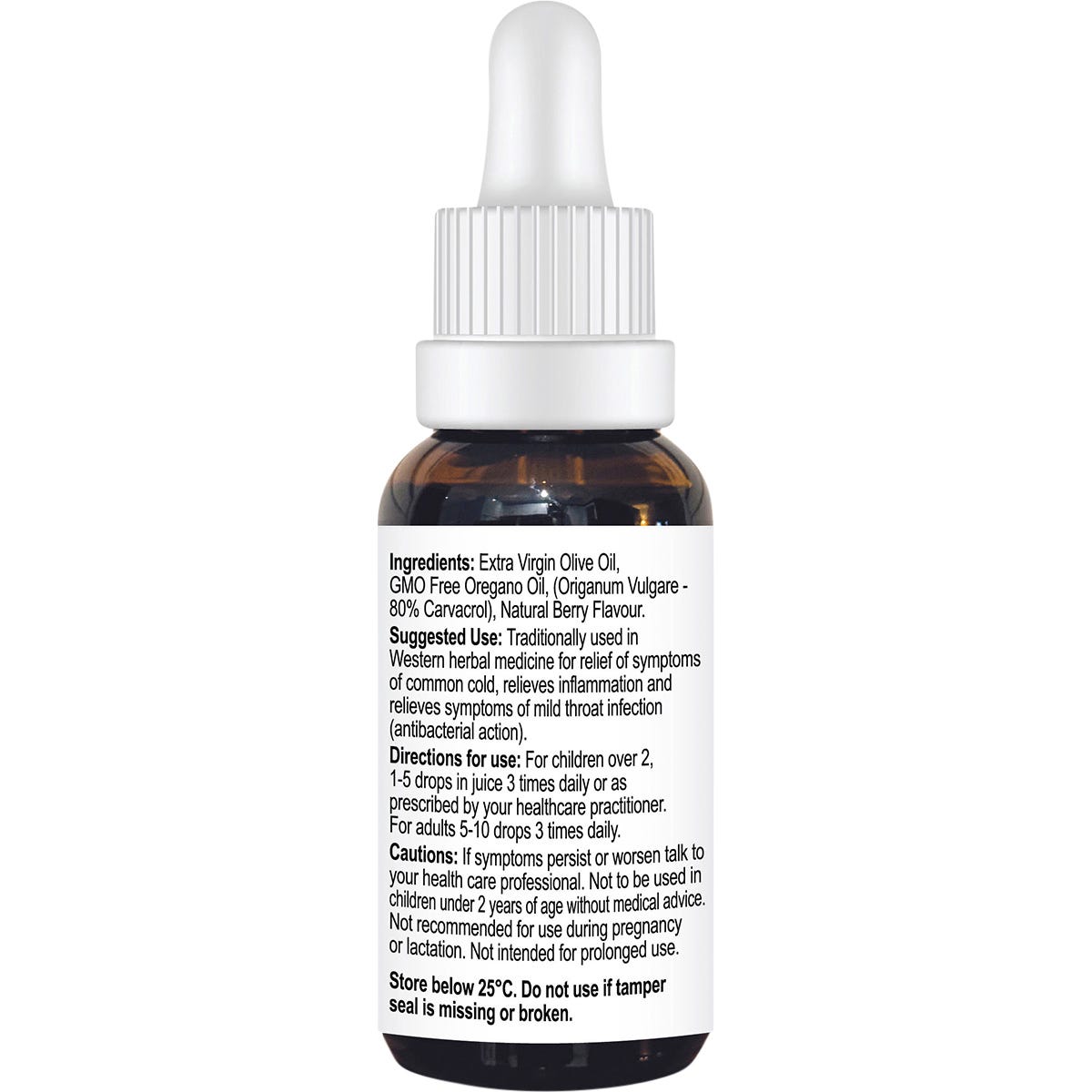 Back label of 30ml Oil of Oregano Berry Flavour bottle with ingredients, directions for use, and product details.