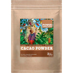 500g kraft bag of Power Super Foods Certified Organic Cacao Powder with a brown and orange label.
