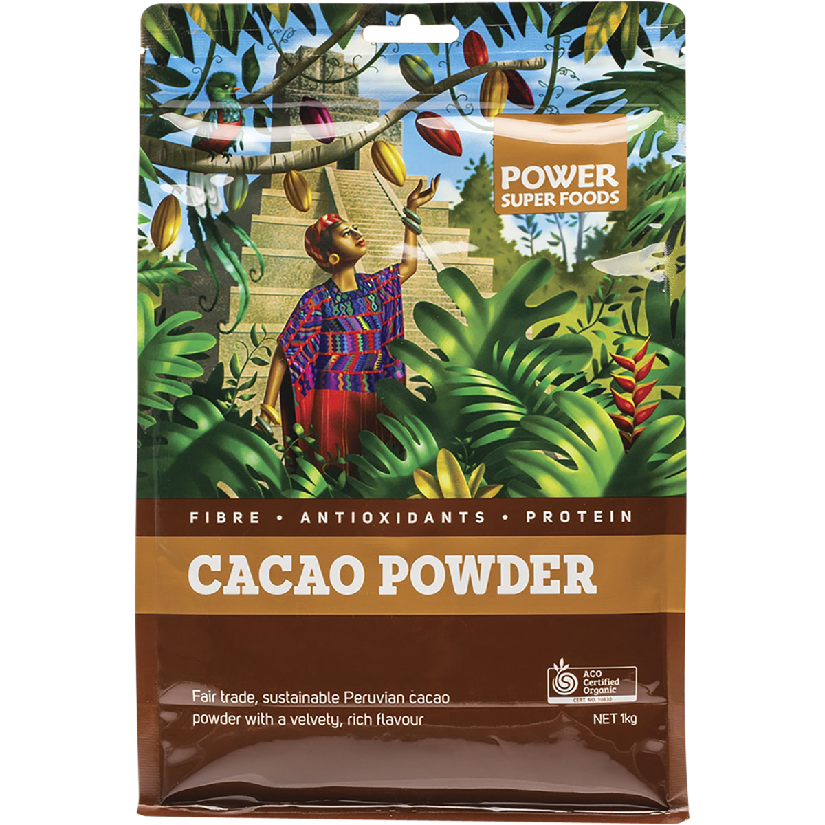 1kg bag of Power Super Foods Certified Organic Cacao Powder, a raw and fairly traded superfood from South America.
