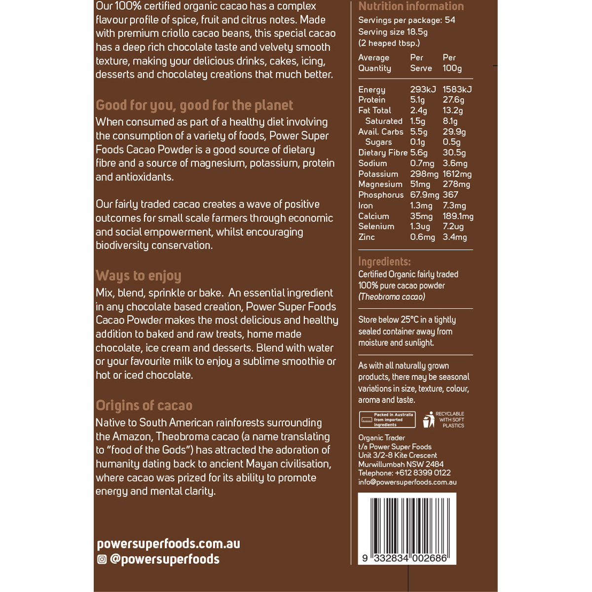 Back of Power Super Foods 1kg Cacao Powder bag showing nutrition facts, benefits, and organic certifications.