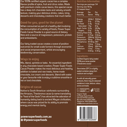 Power Super Foods Cacao Powder Certified Organic 1kg