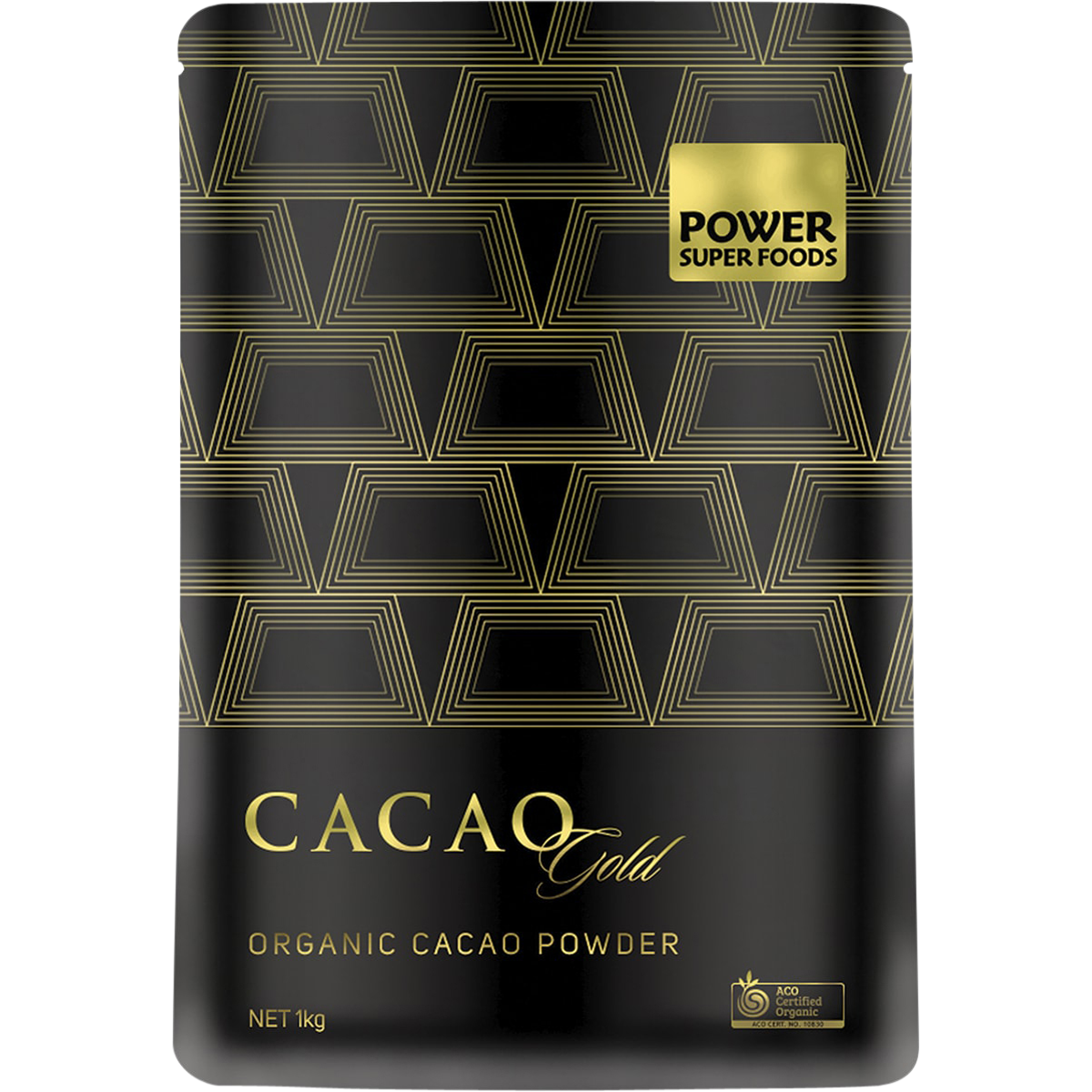 1kg bag of Power Super Foods Cacao Gold Powder, a certified organic and fairly traded 100% cacao powder.