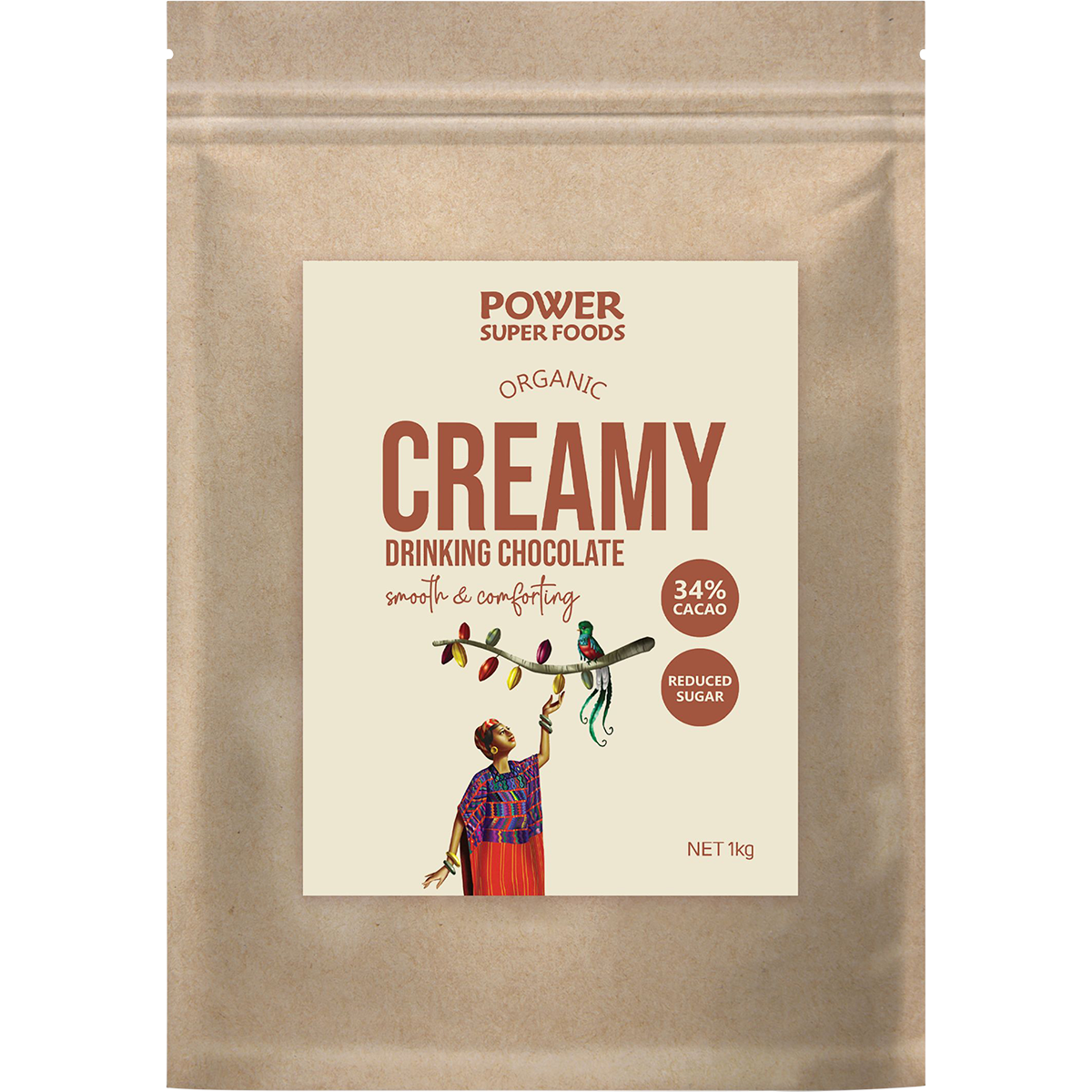 1kg bag of Power Super Foods Creamy Drinking Chocolate with a blue label and organic cacao illustrations.