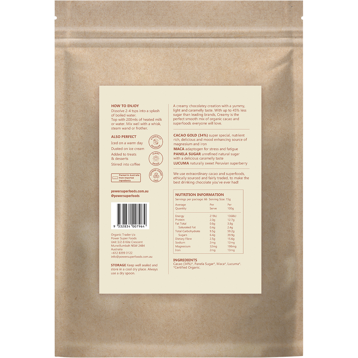 Back of 1kg Power Super Foods Creamy Drinking Chocolate bag with ingredients, nutrition facts, and 9332834007964 barcode.