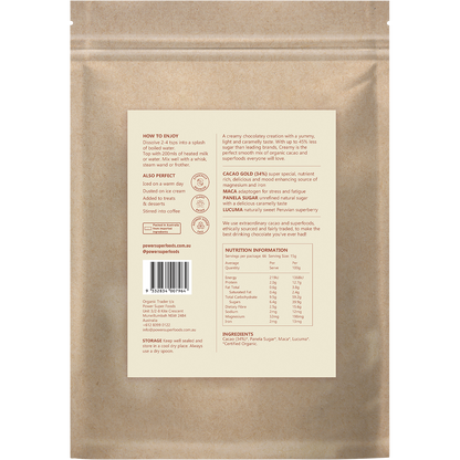 Back of 1kg Power Super Foods Creamy Drinking Chocolate bag with ingredients, nutrition facts, and 9332834007964 barcode.