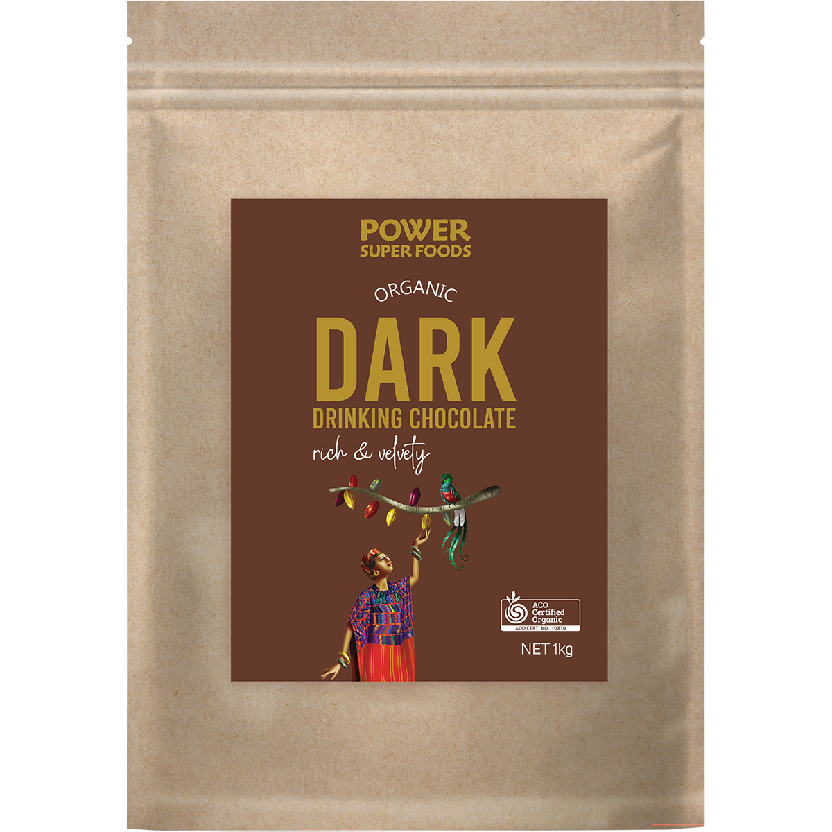 Large 1kg bag of Power Super Foods Dark Drinking Chocolate with a dark brown and gold label and a resealable top.