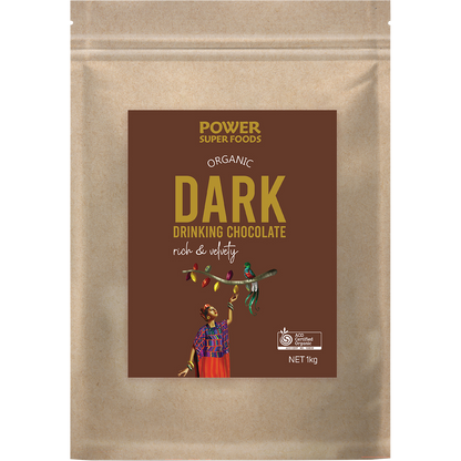 Large 1kg bag of Power Super Foods Dark Drinking Chocolate with a dark brown and gold label and a resealable top.