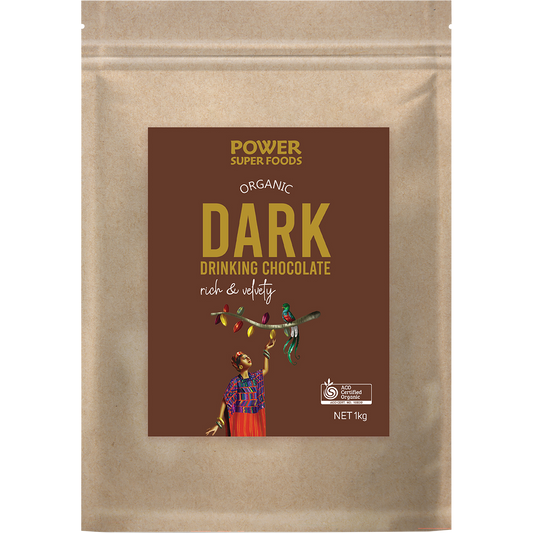 Large 1kg bag of Power Super Foods Dark Drinking Chocolate with a dark brown and gold label and a resealable top.