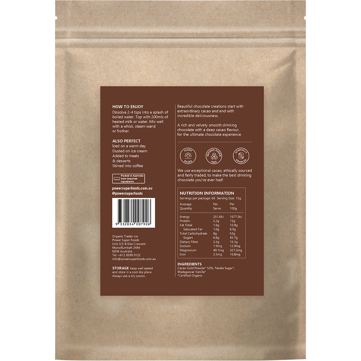 Back of Power Super Foods Dark Drinking Chocolate 1kg bag with ingredients, nutrition facts, and barcode.