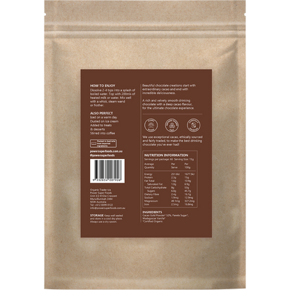 Back of Power Super Foods Dark Drinking Chocolate 1kg bag with ingredients, nutrition facts, and barcode.