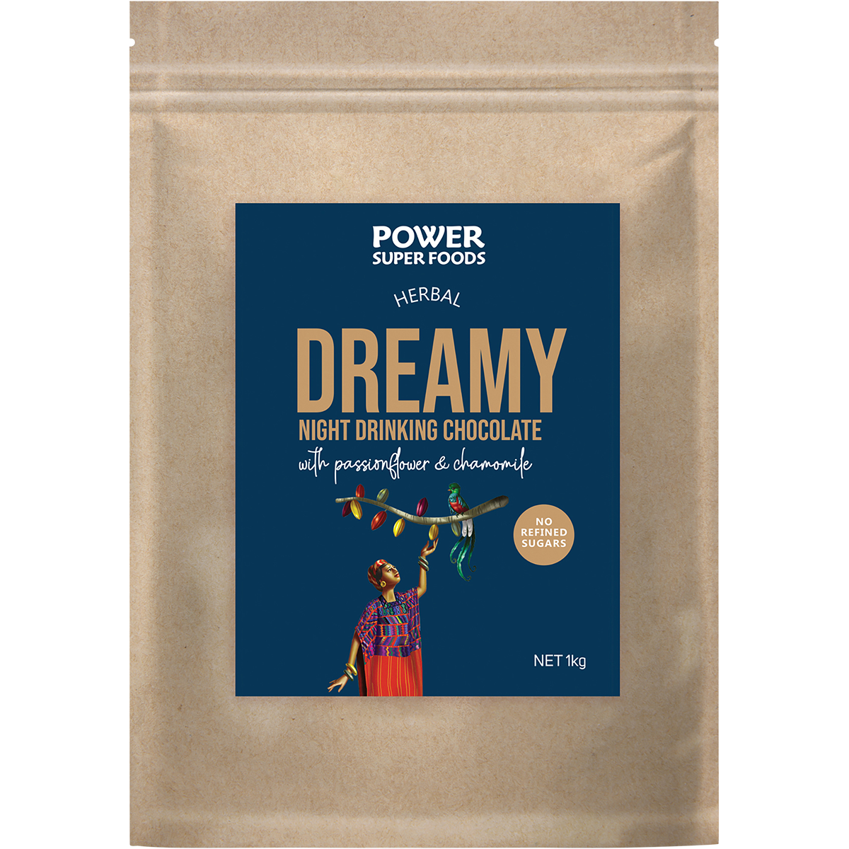 1kg bag of Power Super Foods Dreamy Night Drinking Chocolate with a dark purple label and cacao illustrations.