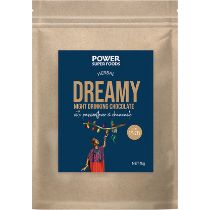 1kg bag of Power Super Foods Dreamy Night Drinking Chocolate with a dark purple label and cacao illustrations.