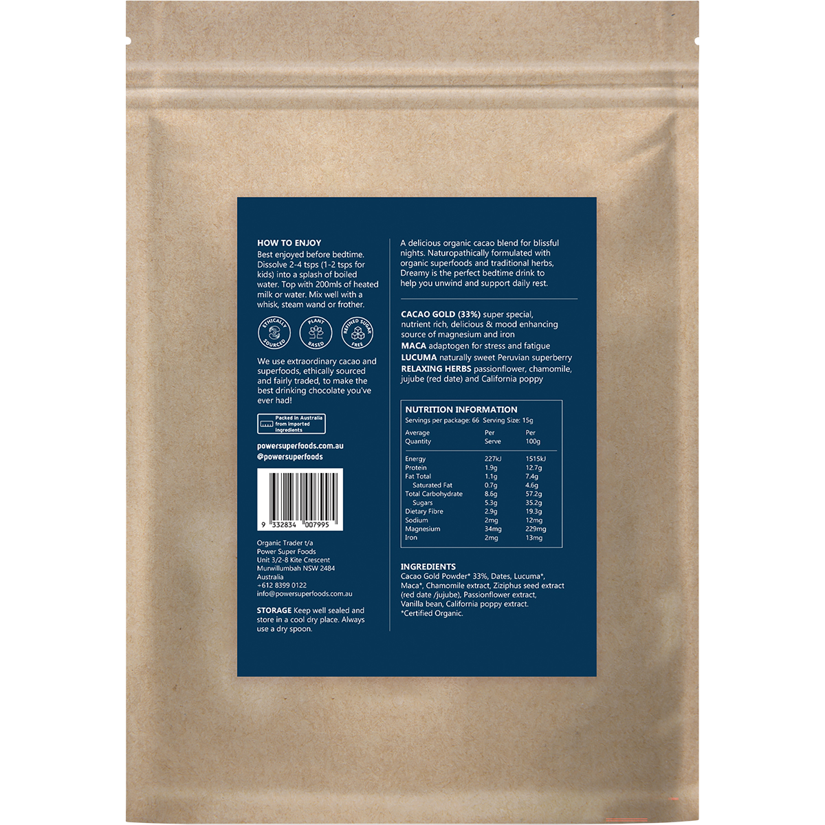 Back of 1kg Power Super Foods Dreamy Night Drinking Chocolate bag with nutrition facts, ingredients, and barcode.