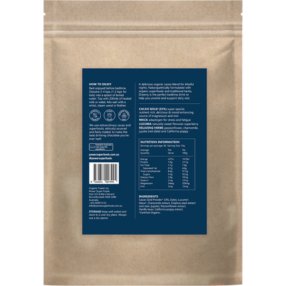 Back of 1kg Power Super Foods Dreamy Night Drinking Chocolate bag with nutrition facts, ingredients, and barcode.