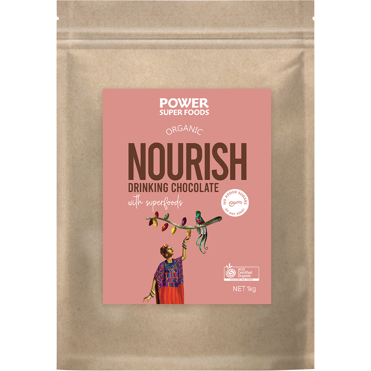 1kg bulk bag of Power Super Foods Nourish Drinking Chocolate with a dark brown label and gold accents.