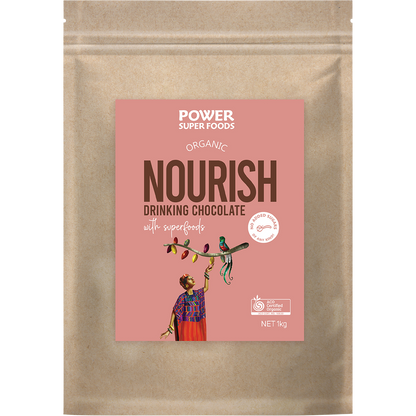 1kg bulk bag of Power Super Foods Nourish Drinking Chocolate with a dark brown label and gold accents.