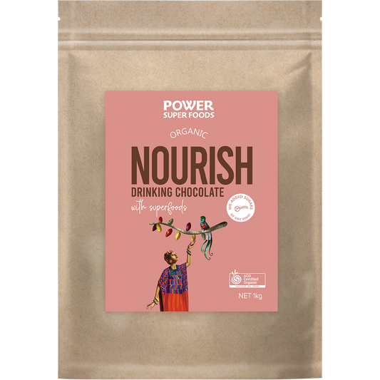 1kg bulk bag of Power Super Foods Nourish Drinking Chocolate with a dark brown label and gold accents.