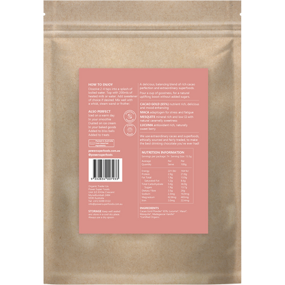 Back of Power Super Foods Nourish Drinking Chocolate 1kg bag showing ingredients, nutrition facts, and barcode.