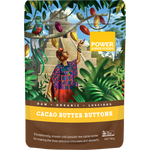 80g bag of Power Super Foods Cacao Butter Buttons with a brown and gold label showing raw cacao beans.