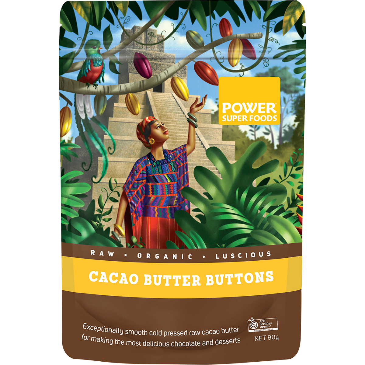 80g bag of Power Super Foods Cacao Butter Buttons with a brown and gold label showing raw cacao beans.
