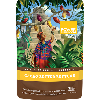 80g bag of Power Super Foods Cacao Butter Buttons with a brown and gold label showing raw cacao beans.