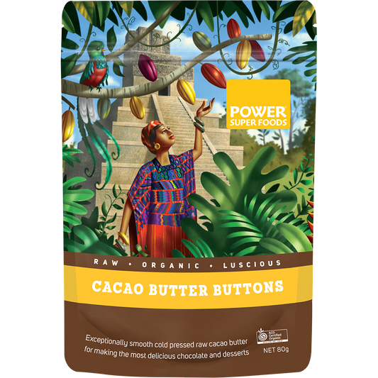 80g bag of Power Super Foods Cacao Butter Buttons with a brown and gold label showing raw cacao beans.