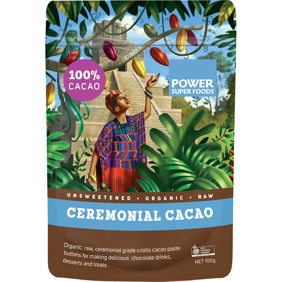 100g black pouch of Power Super Foods Cacao Paste Buttons with gold accents and a small circular window.