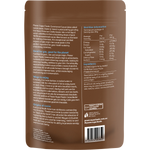 Back of black Power Super Foods Cacao Paste Buttons pouch with nutrition facts, directions, and gold accents.