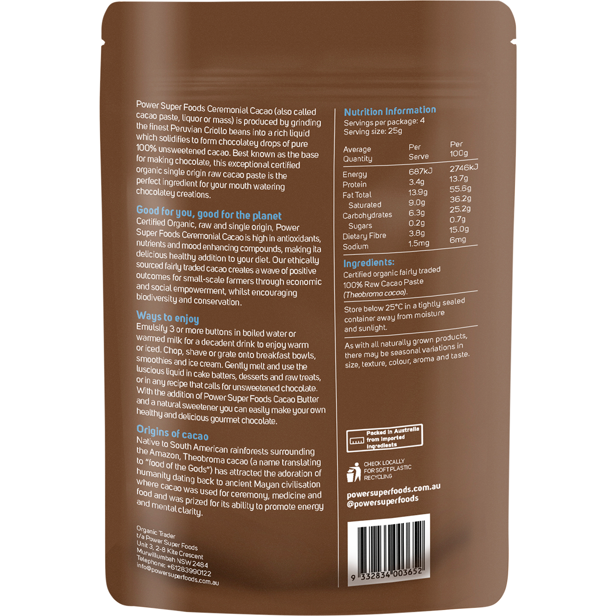 Back of black Power Super Foods Cacao Paste Buttons pouch with nutrition facts, directions, and gold accents.