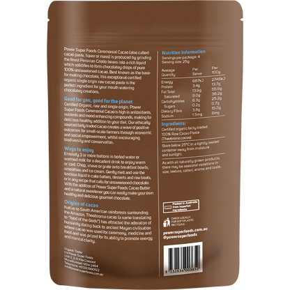 Back of black Power Super Foods Cacao Paste Buttons pouch with nutrition facts, directions, and gold accents.
