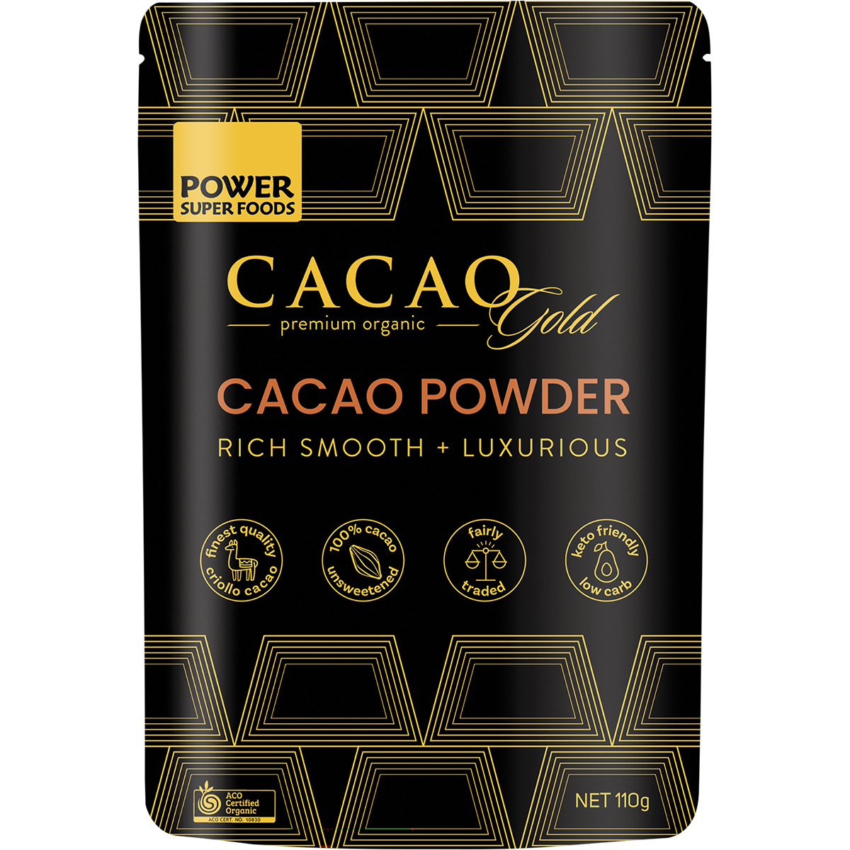 110g pouch of Power Super Foods Cacao Gold Powder with a black and gold label featuring a cacao pod illustration.