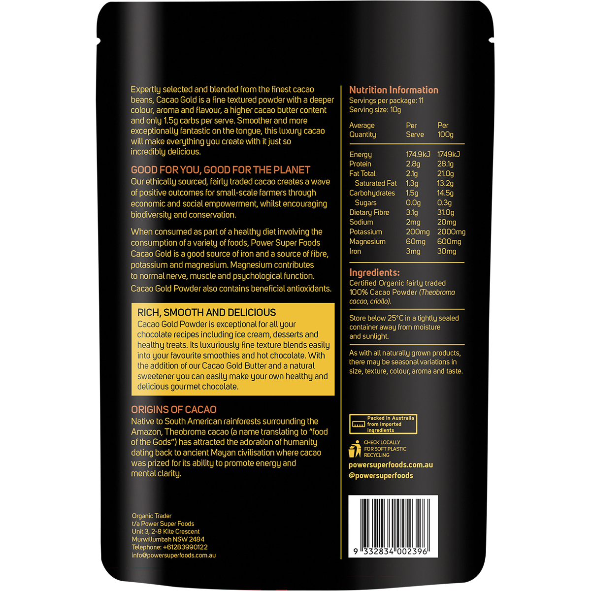 Back of Power Super Foods Cacao Gold Powder 110g pouch showing ingredients, nutrition facts, and barcode.