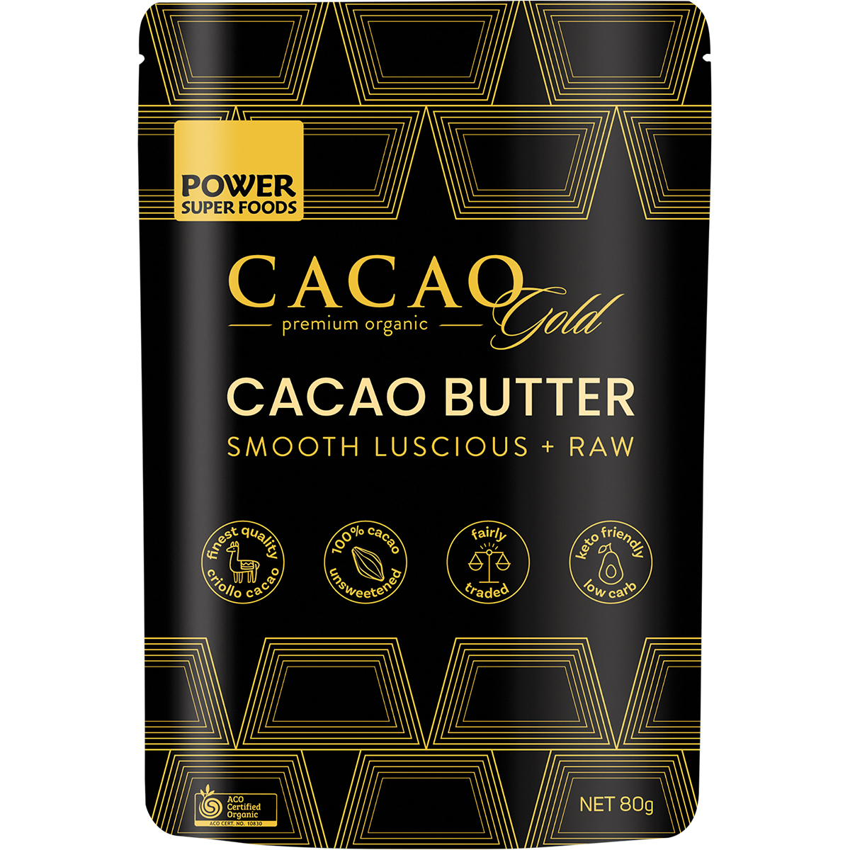 80g pouch of Power Super Foods Cacao Gold Butter Chunks with a gold and white label showing raw cacao butter pieces.