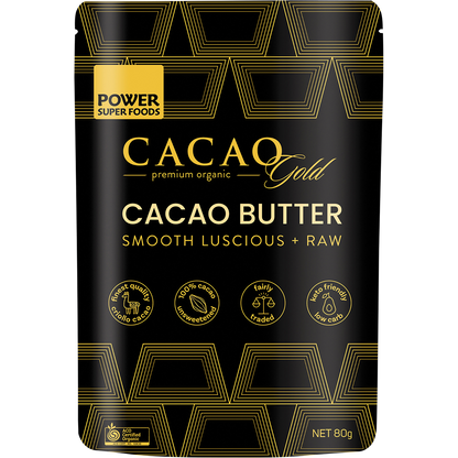 80g pouch of Power Super Foods Cacao Gold Butter Chunks with a gold and white label showing raw cacao butter pieces.