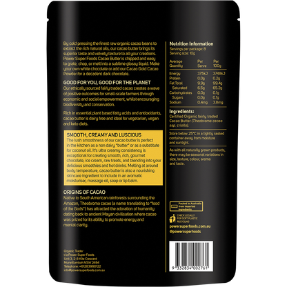 Back of Power Super Foods Cacao Gold pouch showing usage tips, benefits, nutritional facts, and barcode.