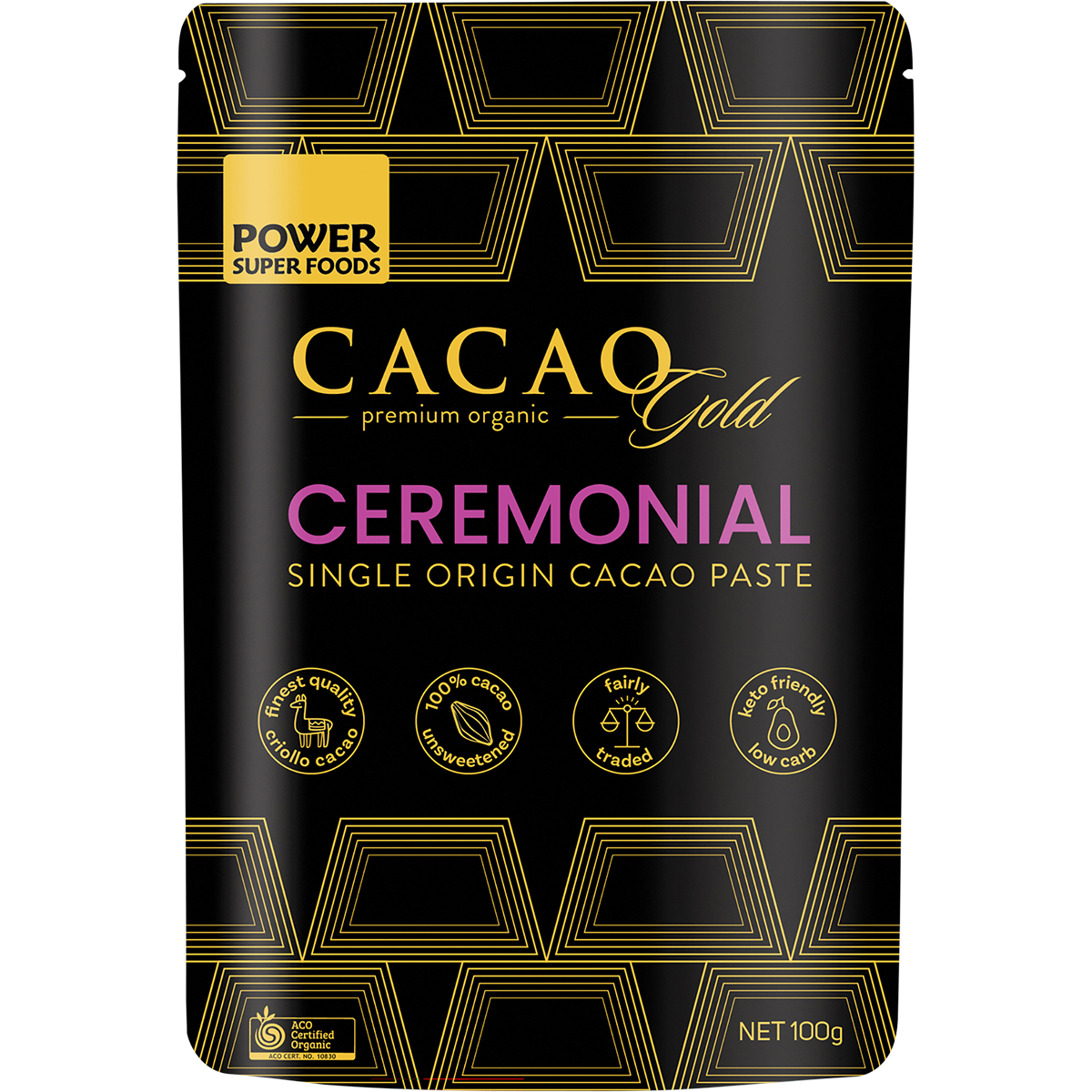 Black pouch of Power Super Foods Cacao Gold Paste Chunks with gold accents and a window showing dark cacao chunks.