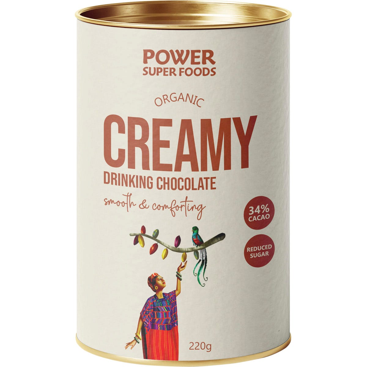 220g tub of Power Super Foods Creamy Drinking Chocolate with a cacao pod illustration on a brown label.