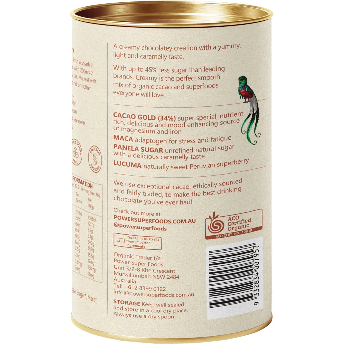 Back of Power Super Foods Creamy Drinking Chocolate tub showing nutritional information and directions for use.