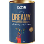 Power Super Foods Dreamy Night Drinking Chocolate 180g bag with cacao, maca, and chamomile illustrations.