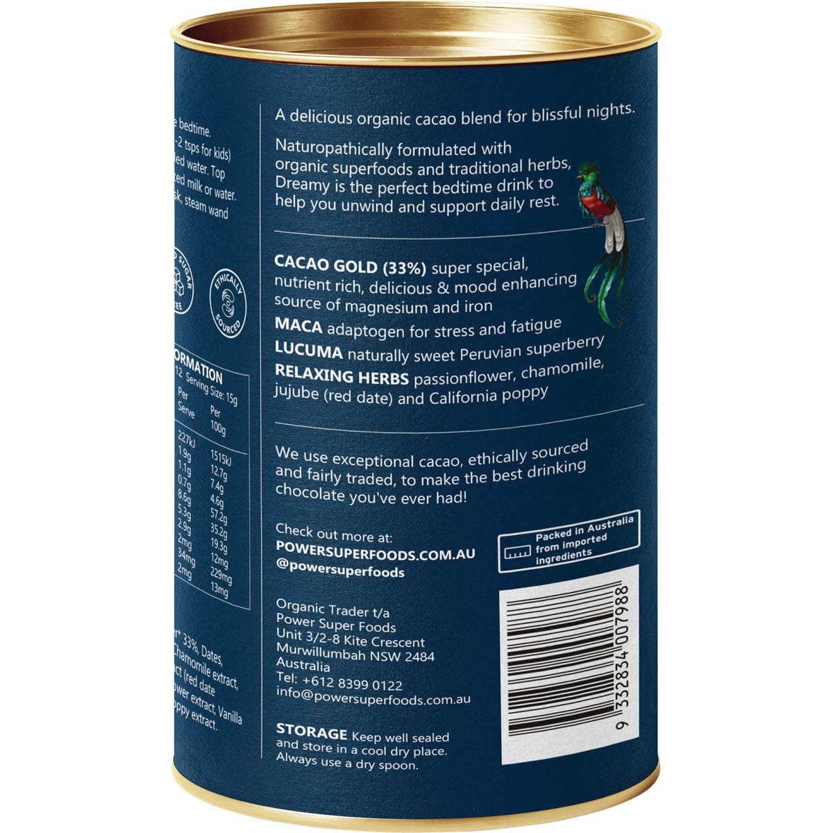 Back view of a 180g bag of Power Super Foods Dreamy Night Drinking Chocolate showing ingredients and nutrition information.
