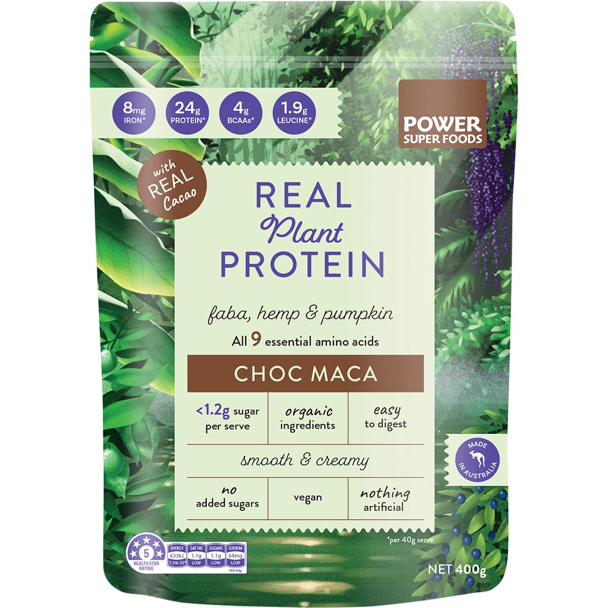 400g tub of Power Super Foods Real Plant Protein Choc Maca with organic cacao and superfoods on a white background.