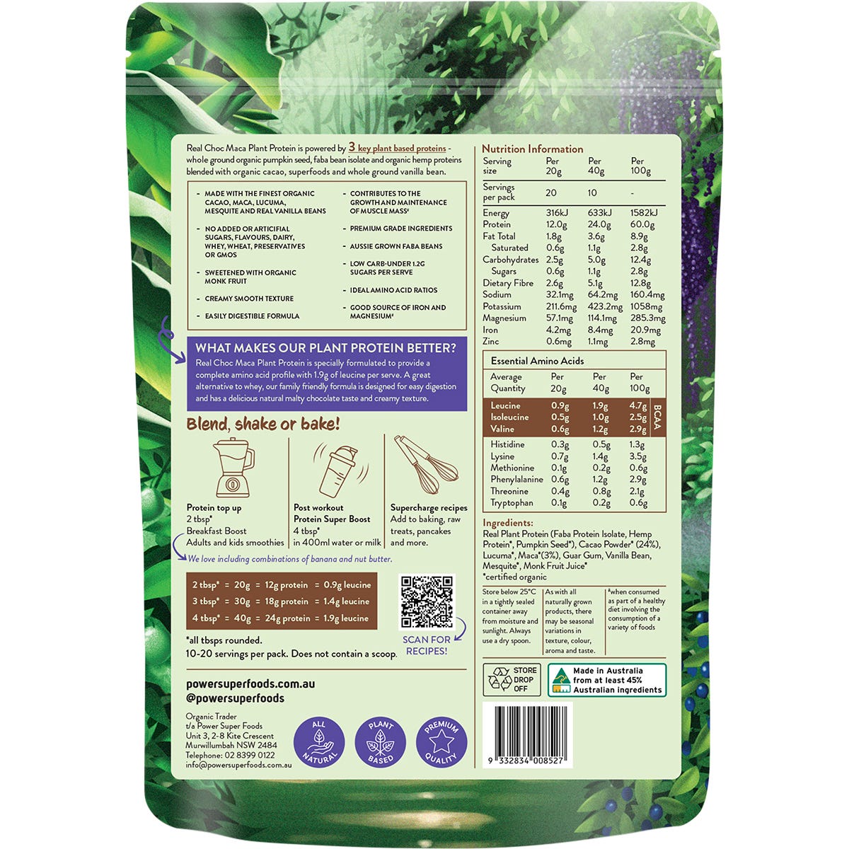 Back of a 400g tub of Power Super Foods Real Plant Protein Choc Maca, showing ingredients and nutritional information.