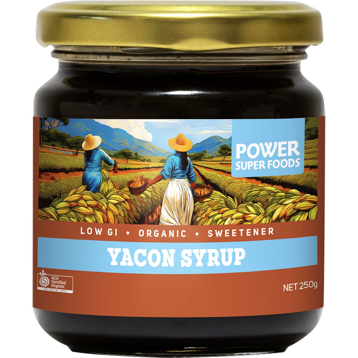 250g glass jar of Power Super Foods Certified Organic Yacon Syrup, a natural low-GI sweetener from Peruvian roots.