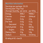 Nutrition Information Panel for Power Super Foods Organic Yacon Syrup 250g jar on a white background.