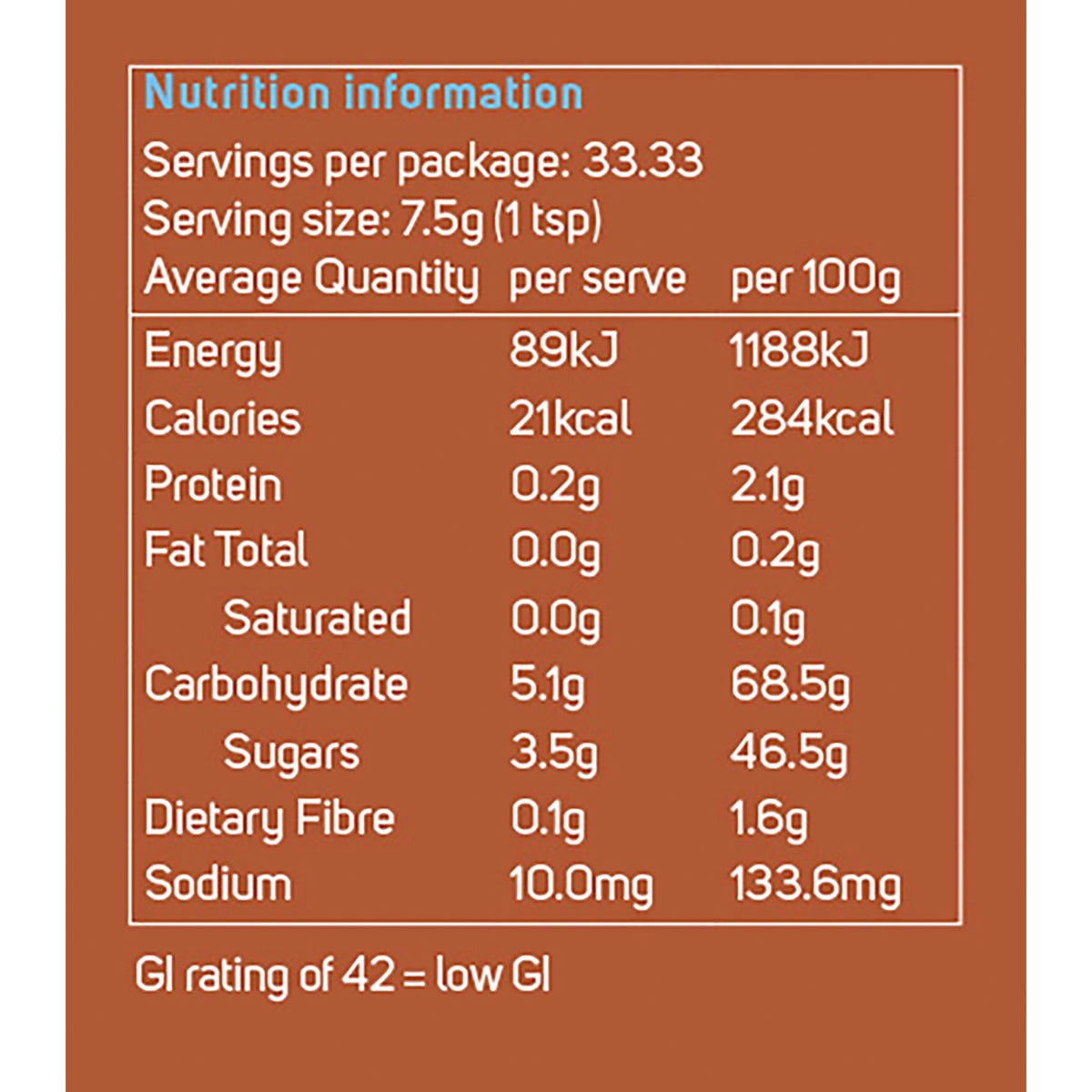 Nutrition Information Panel for Power Super Foods Organic Yacon Syrup 250g jar on a white background.