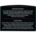 Left side of Comvita Manuka Honey UMF 5+ box showing product benefits and natural bioactive compounds.