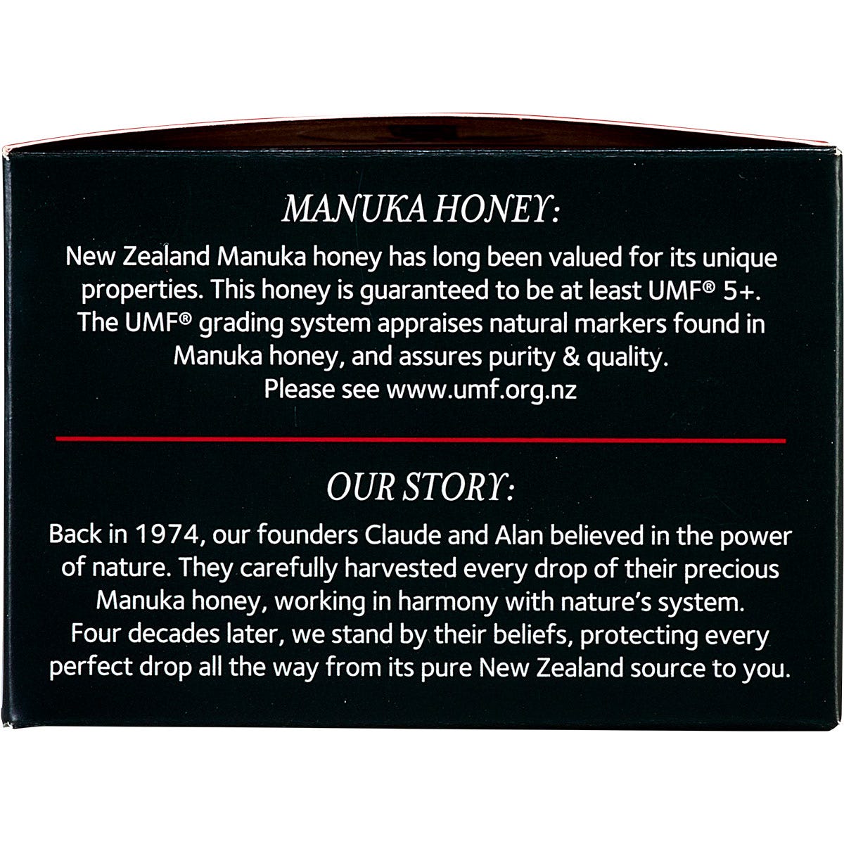 Left side of Comvita Manuka Honey UMF 5+ box showing product benefits and natural bioactive compounds.