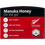 Right side of Comvita Manuka Honey UMF 5+ box with barcode, storage instructions, and New Zealand origin details.